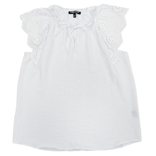 Blusa casual color blanco con mangas cortas caladas para mujer