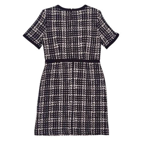 Vestido recto texturizado color negro con detalle de botones dorados para mujer