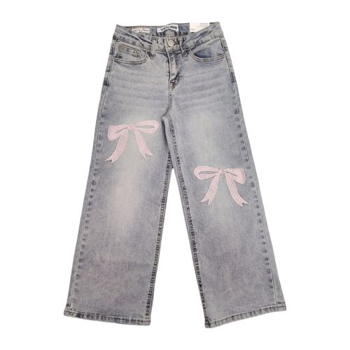 Wide leg jeans color gris con detalle frontal bordado para niña