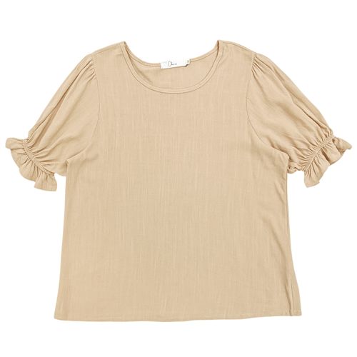 Blusa casual color beige con detalle de fruncido en mangas para mujer