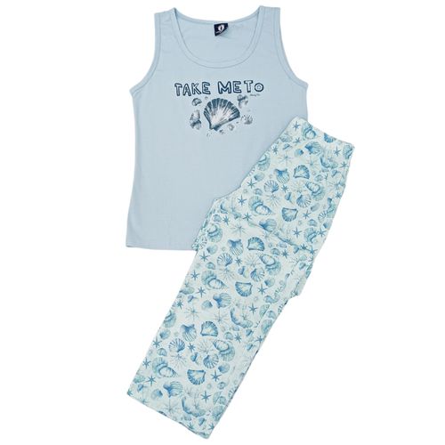 Conjunto de pijama de pantalón color celeste detalle playero para mujer