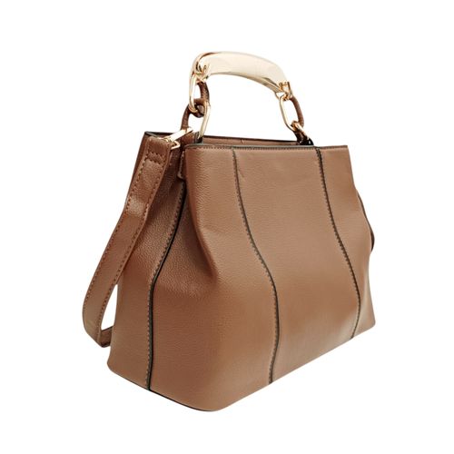 Cartera shoppers color café con asa superior con detalle metálico para mujer