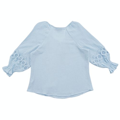 Blusa casual color celeste de mangas largas con detalle de encaje para mujer
