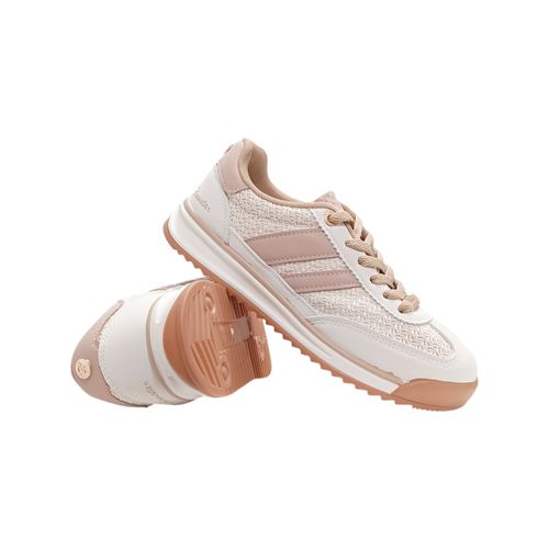Sneakers casuales color beige diseño con textura y detalle en rosa para mujer