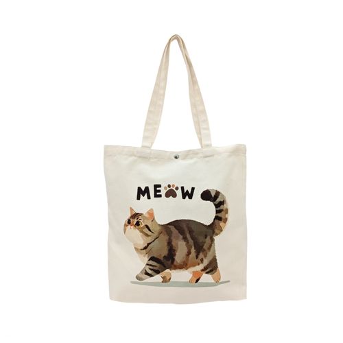 Bolso de tela color ivory diseño con estampado de gato con moño para mujer