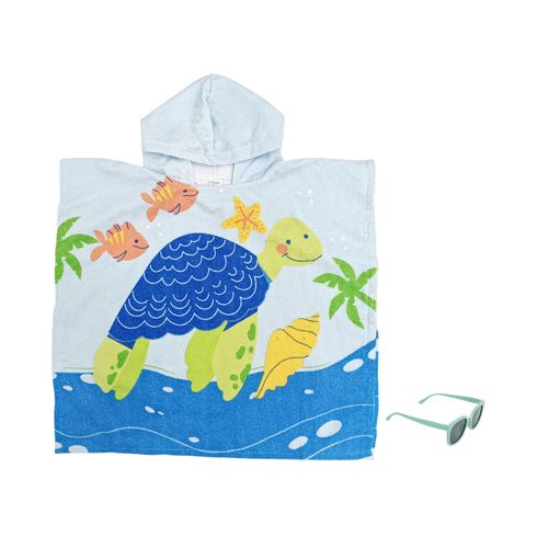 Toalla color azul con diseño de tortuga con capucha y lentes de sol para niño