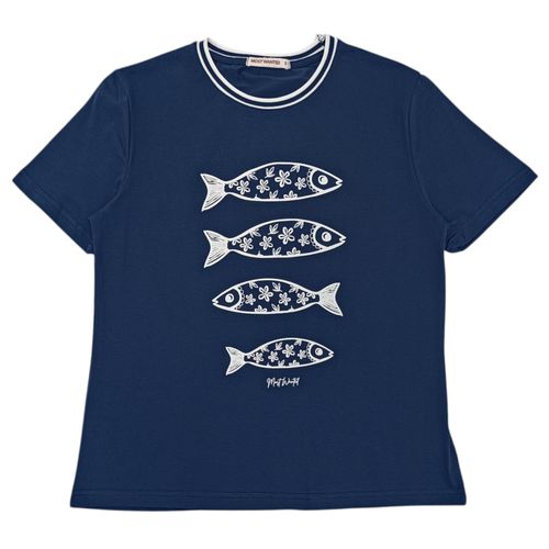 Camiseta estampada azul oscuro  de cuello redondo con mangas cortas para mujer
