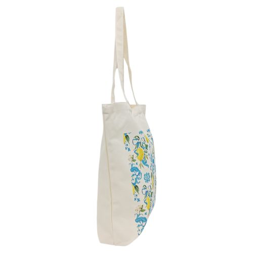Bolso tote de tela estampado de limones en detalle celeste para mujer