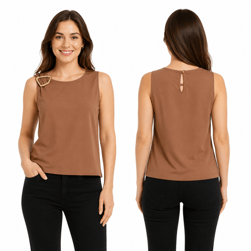 Blusa casual color café con detalle en hombro para mujer