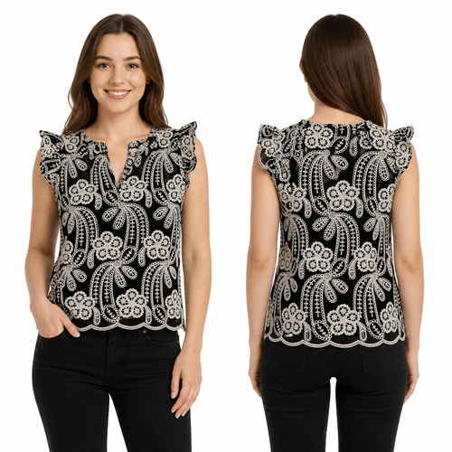 Blusa bordado en color negro de mangas cortas para mujer