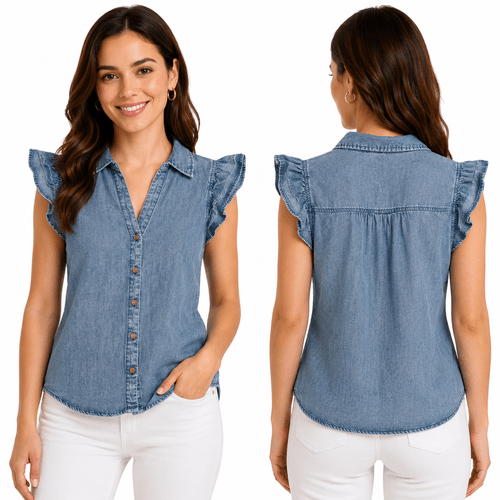 Blusa estilo denim color azul con cuello camisero para mujer