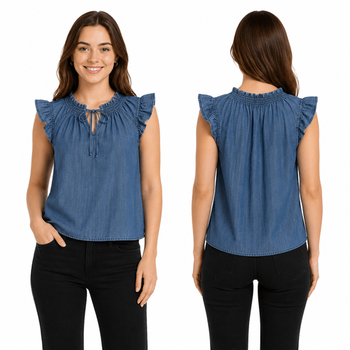 Blusa estilo chambray color azul diseño con textura sin mangas para mujer