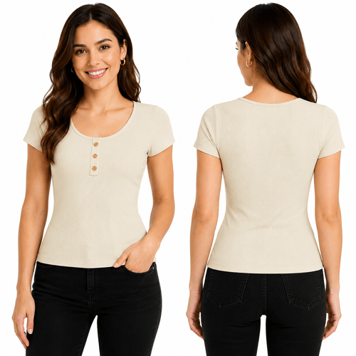 Blusa con escote redondo de mangas cortas color beige para mujer