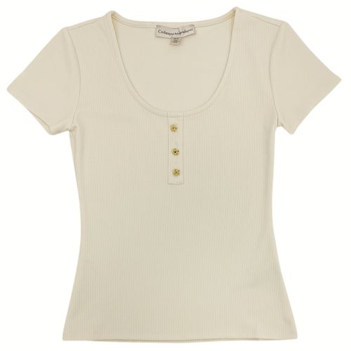 Blusa con escote redondo de mangas cortas color beige para mujer