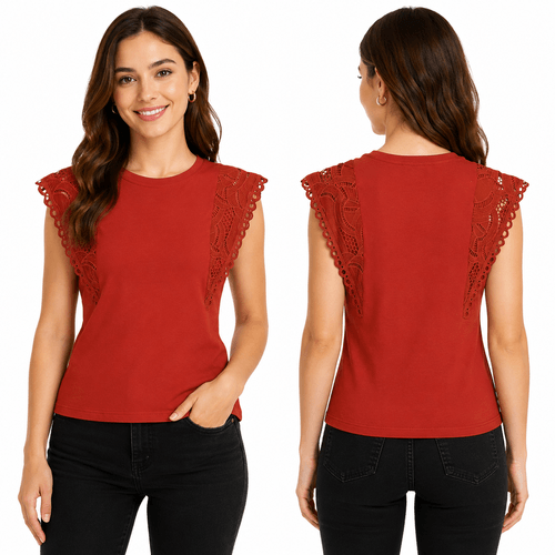 Blusa color rojo de cuello redondo con mangas cortas detalle de encaje para mujer