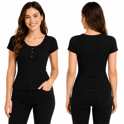 Blusa con escote redondo de mangas cortas color negro para mujer