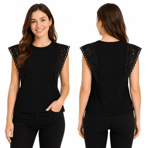 Blusa color negro de cuello redondo con mangas cortas detalle de encaje para mujer