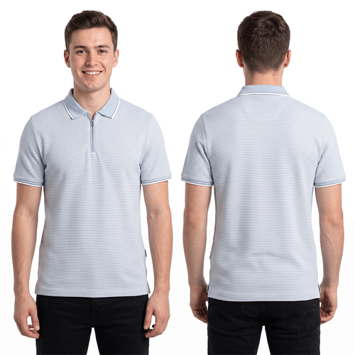 Camisa rayada tipo polo de mangas cortas color celeste para hombre