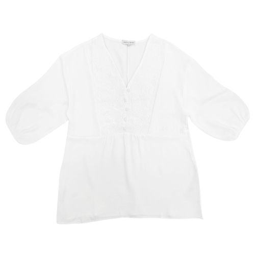 Blusa casual color blanco de mangas 3/4 con detalle de encaje para mujer