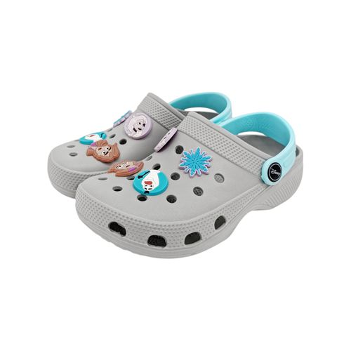 Crocs color gris con detalle de pines alusivo a Frozen para niña