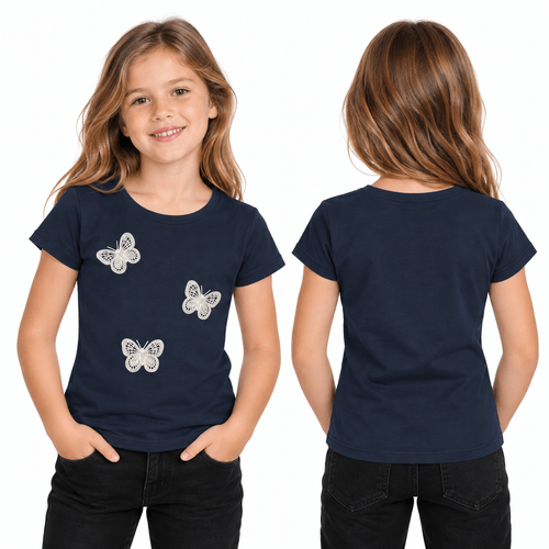 Camiseta con aplicativo de mariposas color azul para niña