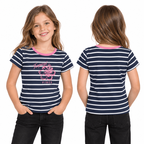 Camiseta color navy con diseño de rayas de cuello redondo para niña