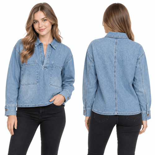 Blusa denim con cuello camisero color azul para mujer
