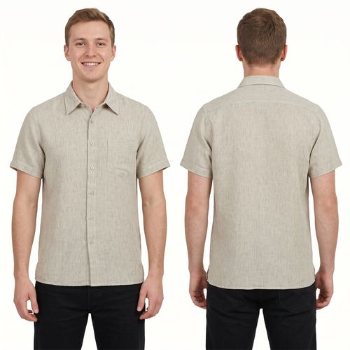 Camisa casual tipo lino color beige con cierre de botones para hombre