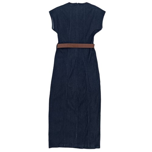 Vestido midi color navy con diseño sólido y cinturón ajustable para mujer