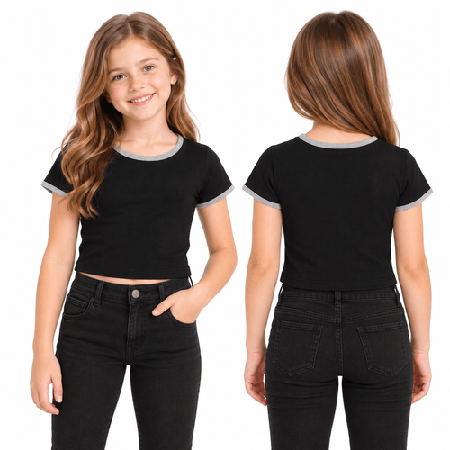 Camiseta cropped de cuello redondo con mangas cortas en color negro para niña