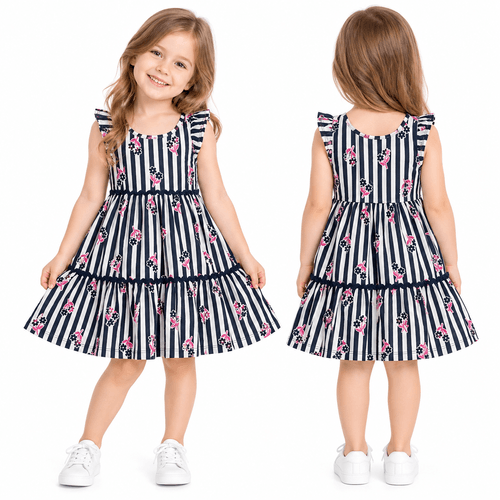 Vestido con vuelo rayado color azul oscuro desmangado para niña